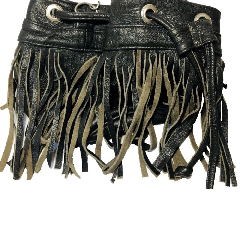 Fringed Black Leather Crossbody Bag with Fringe Accents